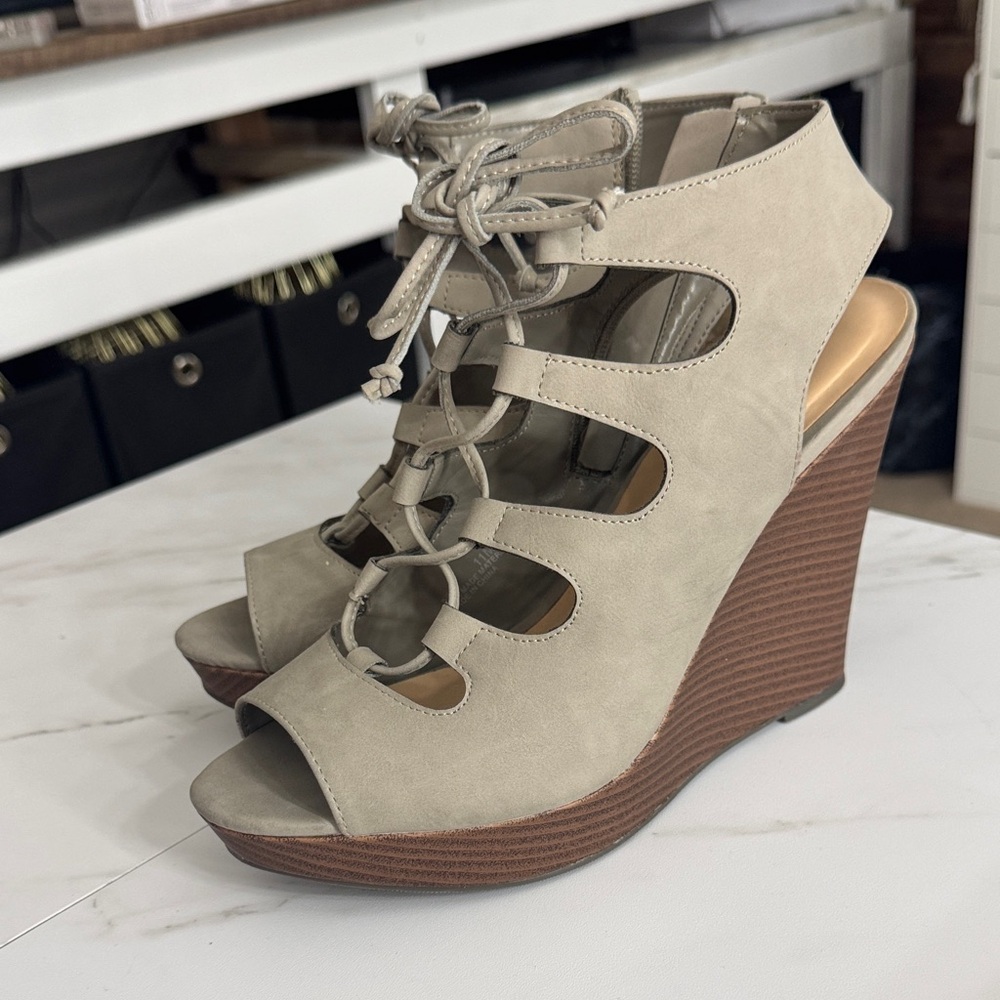 Dollhouse Beige Lace-Up Wedges